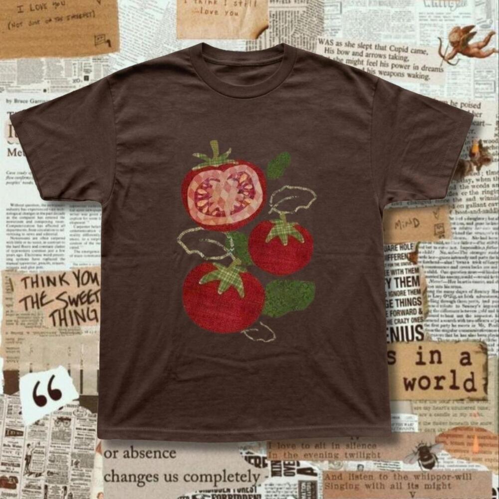 Brown Tomato Graphic Tee With Three Red Tomatoes And Green Leaves